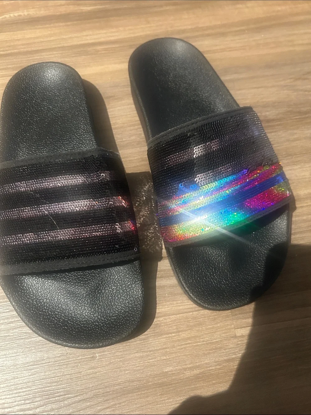 Kids Black Slides with Rainbow Sequin Strap